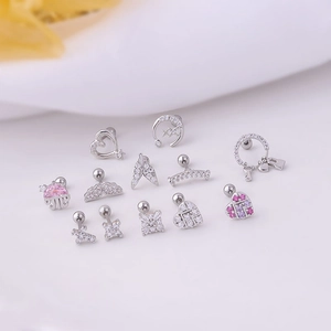 20G stainless steel ear studs with zircon heart, star and moon shapes in silver