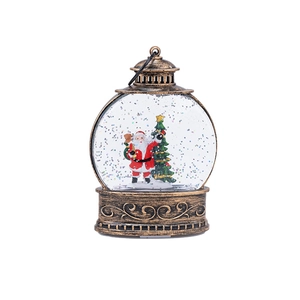 Lanterne de Noël vintage en bronze avec Père Noël, sapin et effet de neige brillante