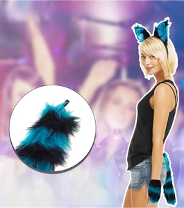 Detail of plush fox costume set with blue and black striped ears, gloves, and long tail