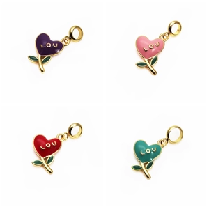 Detailed view of colorful heart flower charms in purple pink red green with gold plating