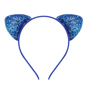 Close-up of cute blue sequined cat ear headband for girls with glitter finish