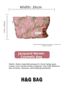Detailed view of the jacquard makeup bag showing 26x18cm dimensions and floral fabric