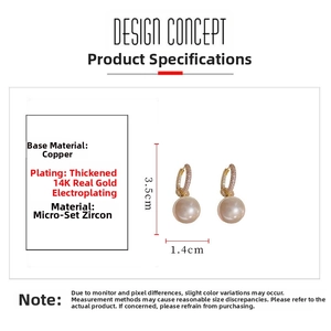 Detailed view of pearl earrings with micro-set zircon and dimensions 3.5cm by 1.4cm
