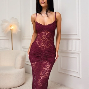 Abito Maxi Pizzo Sexy Spalline Sottili Scollo A V Vita Alta Arricciato Spacco Laterale Trasparente Aderente Elegante Donna