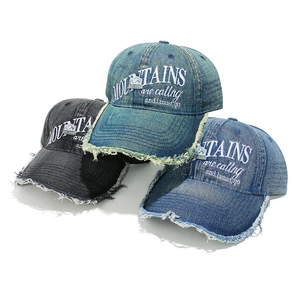 Vintage washed denim baseball caps with mountain embroidery for outdoor sports