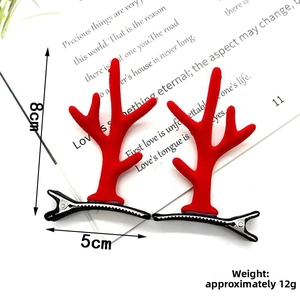 Detail of red flocked reindeer antler hair clips with metal duckbill base and dimensions