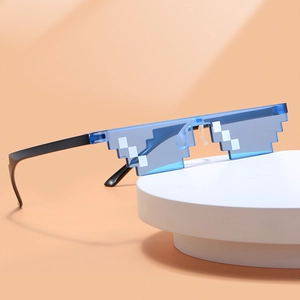 Thug Life pixel sunglasses in translucent blue displayed on a white round stand
