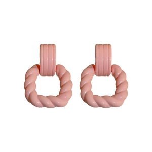 Pink acrylic twisted square heart drop earrings with silver needle posts for women