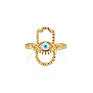 Hamsa hand evil eye open ring in gold stainless steel with vintage ethnic design