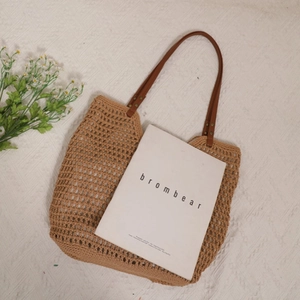 Hollow out cotton woven shoulder bag with brown PU straps for casual beach vacation