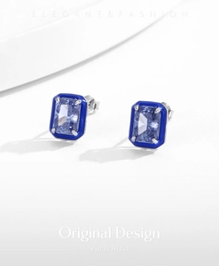 Detail of S925 silver rectangle stud earring with light blue stone and dark blue enamel
