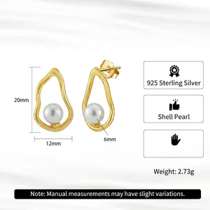 S925 sterling silver shell pearl earrings with irregular gold plated water drop design