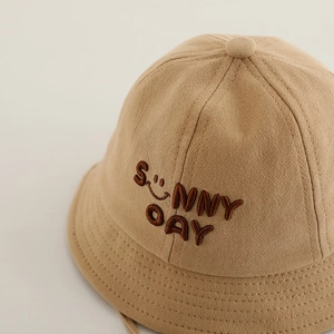 Khaki cotton kids bucket hat with sunny face embroidery and wide brim sun protection