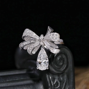 Bow Adjustable Ring Copper Pear Cut Water Drop Cubic Zirconia Luxury Elegant Jewelry For Women