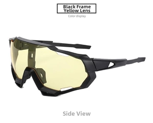 Side view of black frame cycling glasses with yellow lenses and thick foam padding