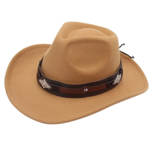 Classic camel felt cowboy hat with leather band and vintage metallic buckle details