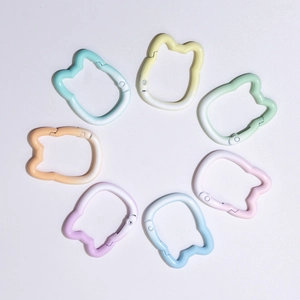 Cat-shaped colorful metal spring ring buckles in pastel gradient colors for DIY keychains