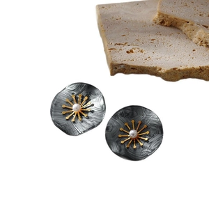 Vintage floral stud earrings with grey marble disc gold sun flower and pearl accents