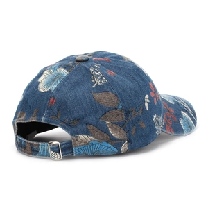 Deep blue denim baseball cap with vintage floral prints and metal buckle strap back