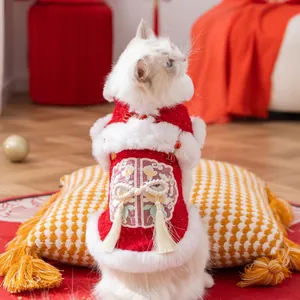 Chinese Style Pet Tang Suit Vest Fleece Lined Warm Winter Clothes For Cats Small Dogs Red New Year Embroidery Tassels