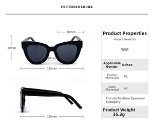 Detailed size specifications for cat-eye sunglasses with 145mm width and PC frame material
