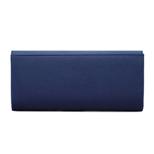Close-up of a sleek dark blue rectangular satin clutch with a smooth glossy texture
