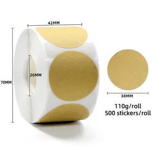 Detail view of 38mm kraft paper round stickers roll showing exact dimensions and 500 labels