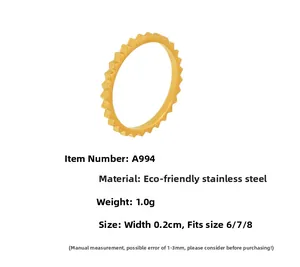Detailed size specifications for a gold-plated gear-style stainless steel ring