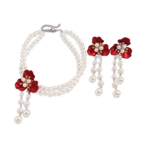 Baroque style double-layer faux pearl necklace set with red rhinestone flower pendants