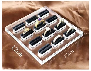 Acrylic ring display tray with 12 black velvet slots and detailed dimensions