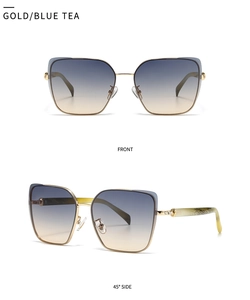 Detailed front and side view of gold metal sunglasses with blue tea gradient lenses