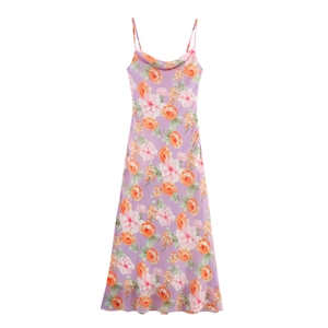 Floral Print Cowl Neck Spaghetti Strap Maxi Dress Backless Satin Sleeveless Slim Fit Elegant Purple Long Dress Women