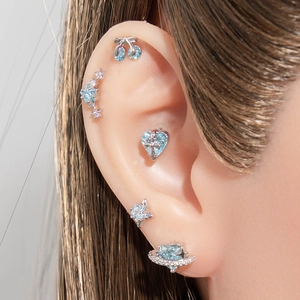 Titanium steel cartilage earring set with light blue zircon stars and cherry charms
