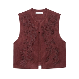 Ethnic style burgundy faux suede vest for women featuring intricate floral embroidery details