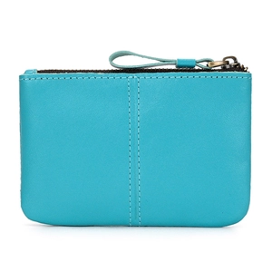 Vintage crazy horse leather coin purse in turquoise green with top zipper and white stitching