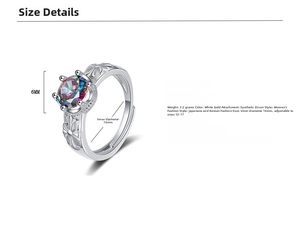 Macro detail of adjustable white gold ring featuring a 6mm iridescent cubic zirconia stone