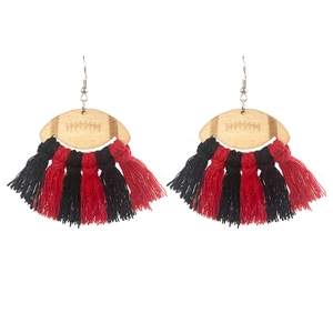 Rugby football wooden earrings with black and red cotton tassels for cheerleaders