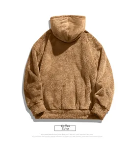 Detailed back view of coffee brown hooded sherpa fleece sweater with ribbed hem and cuffs