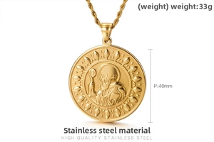 Detailed view of Saint Benedict medal pendant in gold stainless steel, 40mm diameter