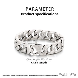 Detail of 15mm vintage silver Cuban chain bracelet in stainless steel with dimensions