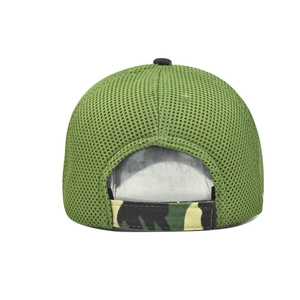 Detail of green mesh baseball cap featuring camo adjustable strap and breathable rear view
