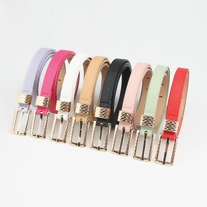 Slim leather belts for women in various colors with golden textured pin buckles