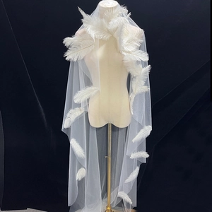 Short French vintage bridal veil with elegant white feather trim for weddings