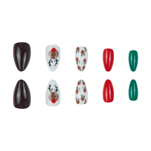 Faux ongles de Noël en amande avec motifs rennes dans les tons rouge et vert