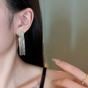 Élégantes boucles d'oreilles longues à pampilles argentées portées par un mannequin