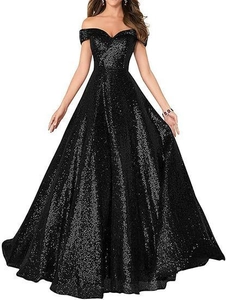 Détails de la robe de soirée élégante à paillettes noires avec épaules dénudées