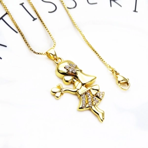 Detail of gold plated girl pendant necklace with micro zircon stones on a box chain