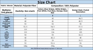 Size chart showing polyester shirt measurements including length, chest, and sleeve data