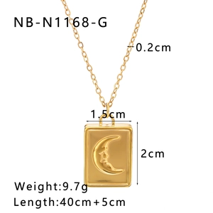 Detailed view of moon book pendant necklace in gold stainless steel with dimensions