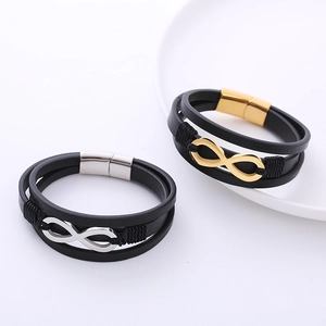 Infinity symbol multilayer black leather bracelet in gold and silver metal finishes